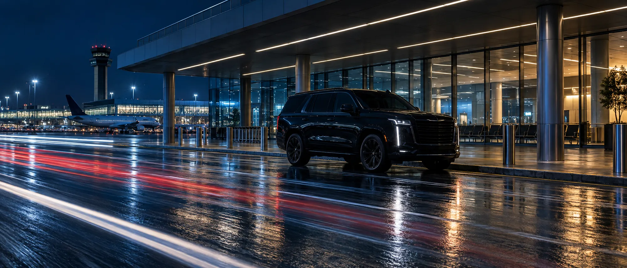Black SUV waiting at an empty airport arrivals kerb at night, traffic light trails on the wet road