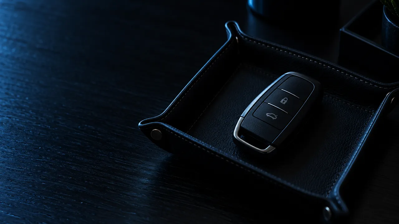 Black car key fob resting in a stitched leather valet tray under a cool blue rim light