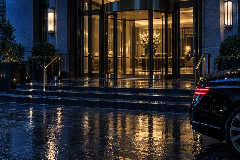 Luxury hotel entrance at night with a revolving door and a black sedan at the kerb