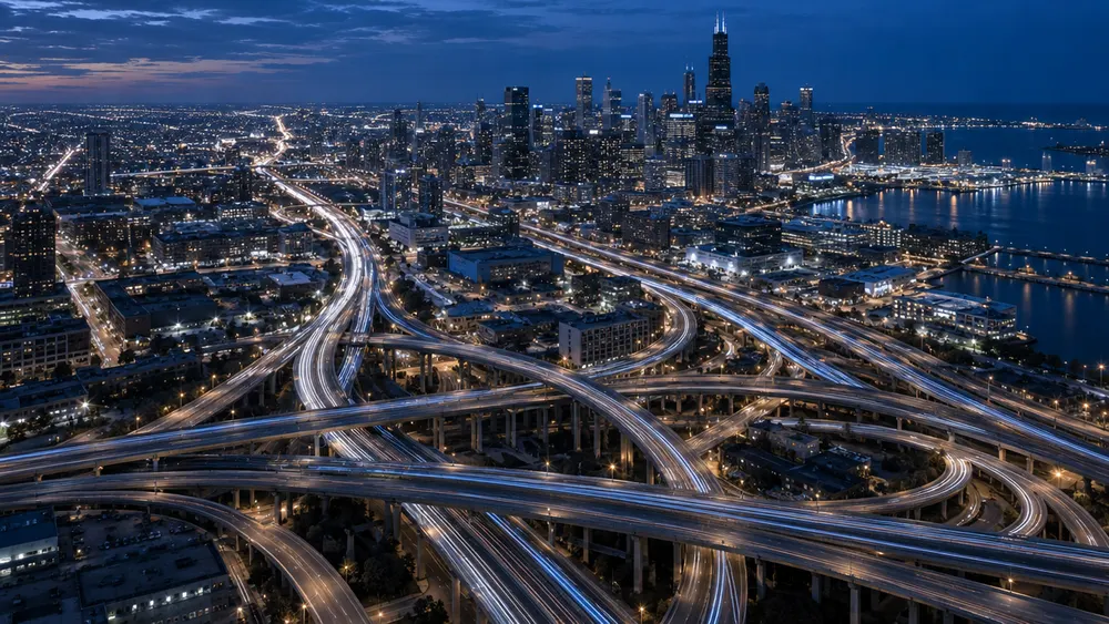 Aerial view at blue hour of a city highway interchange, light trails spreading toward a waterfront skyline