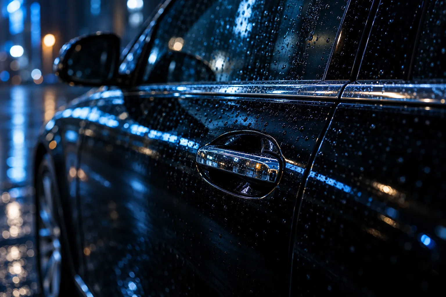 Rain beads on the chrome door handle and window line of a black sedan at night
