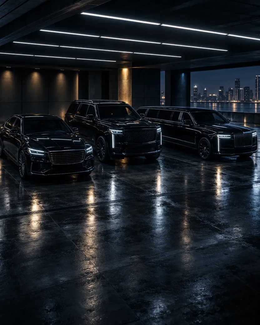 Three black chauffeur vehicles parked side by side in a lit garage at night