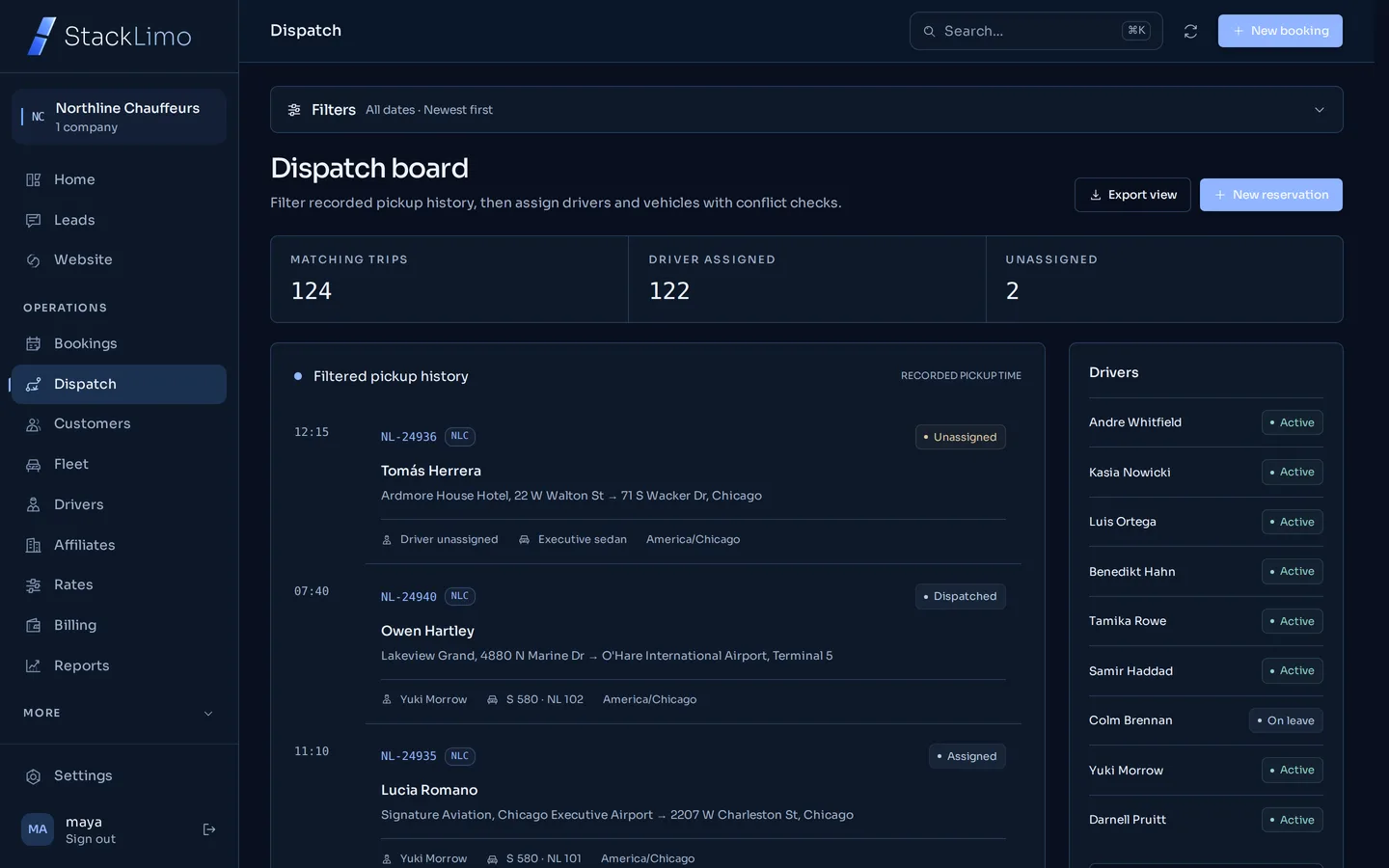StackLimo dispatch board listing trips with assigned drivers and vehicles beside the driver roster