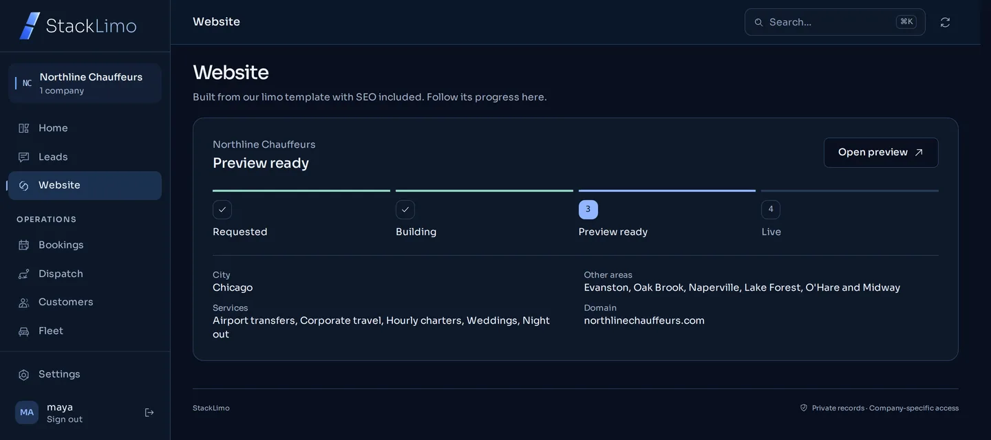 StackLimo website status page tracking a chauffeur company site from request to preview ready, with city, services and domain
